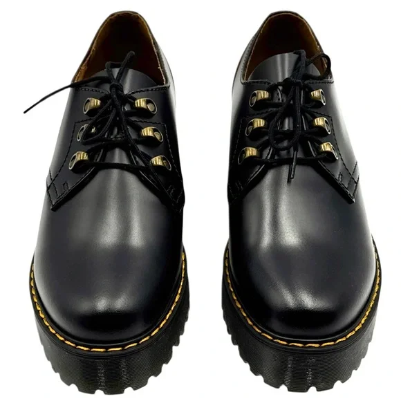 Dr. Martens Leona Low Platform Derby Shoes - Black Vintage Smooth Leather Size 9